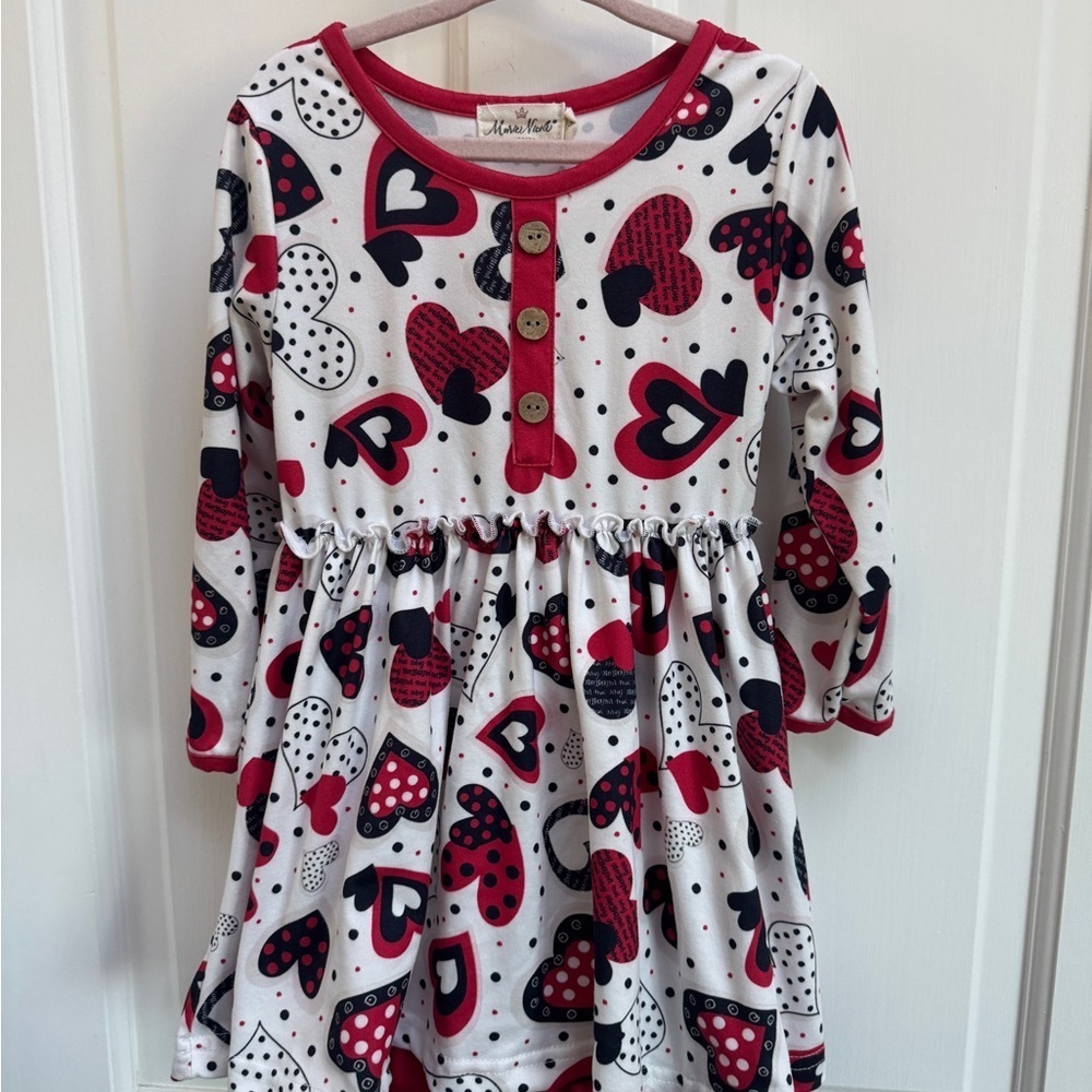 Marie Nicole 3T Girls Red & Black Heart Print Long Sleeve Valentine’s Day Dress